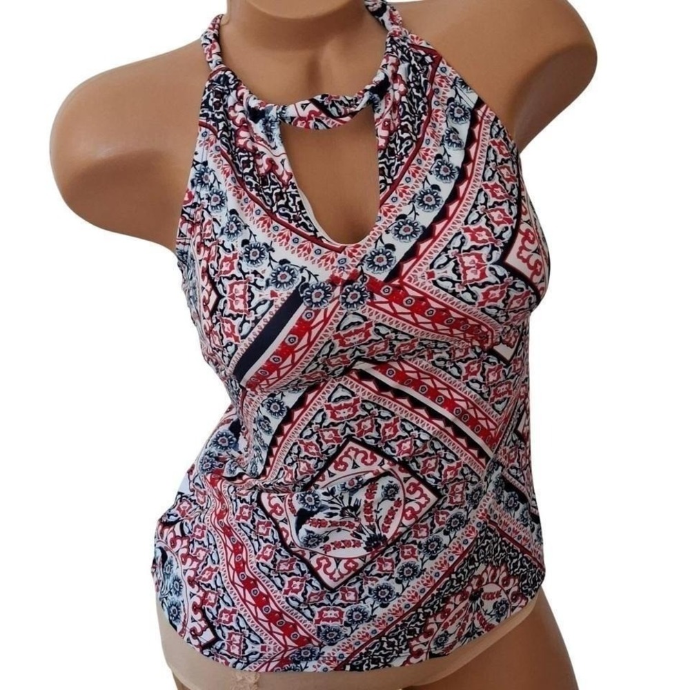 New Directions Swim Tankini M Red Blue Paisley Halter womens swimwear top medium - Picture 3 of 7
